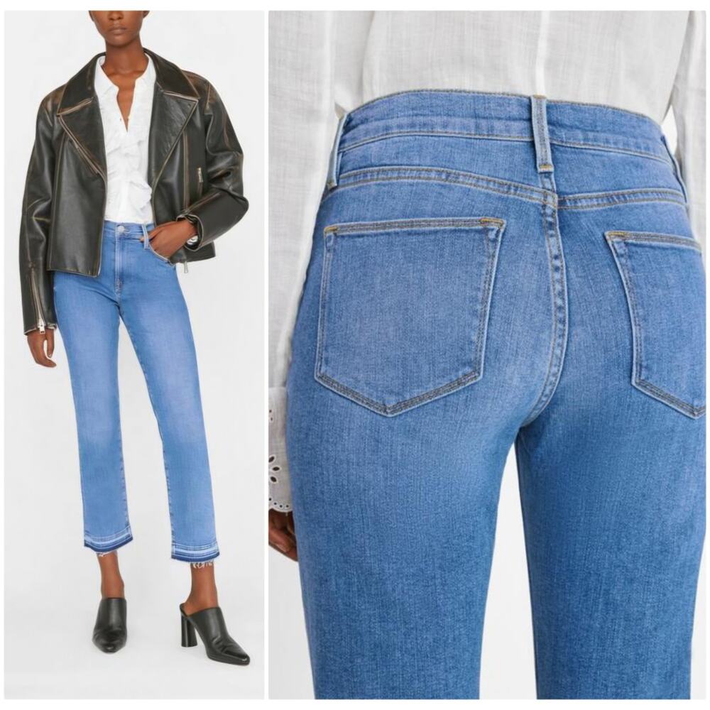 FRAME Le High Straight Jeans Women 28 Blue High Rise Raw Hem Stretch